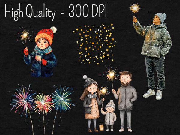 Watercolor Cute New Years' Eve 2025 Clipart 43 Celebration Png Happy New Years Fireworks, Kids Sparkler, Scrapbooking, Digital Holiday - Image 3
