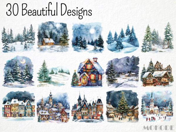 Watercolor Christmas Landscapes Clipart 30 Png, Festive Spirit, Winter Landscape, Snowy Village, Pine Tree, Commercial Use, Digital Download - Image 3