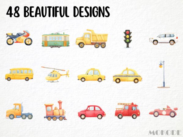 Cute Traffic Clipart 48 Png, Watercolor Cars City Illustration, Kindergarden Nursery Vehicles, Street Sign, Fire Truck Commercial Use - Image 3