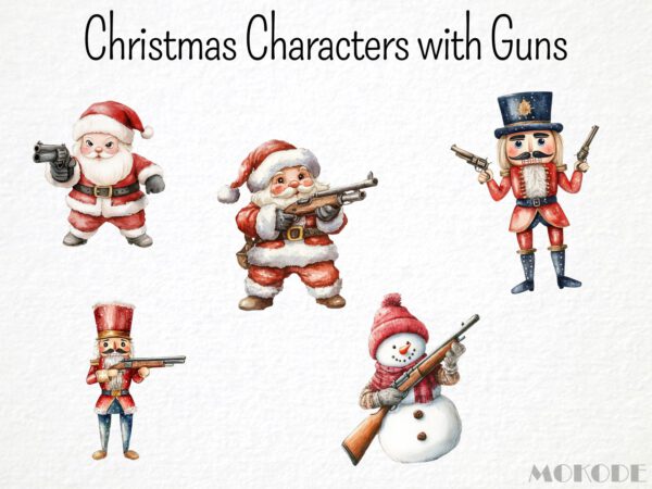 Watercolor Funny Christmas Army Clipart 21 Png, Santa Claus with Guns, Festive Military, Silly Santa with Rifle, Digital Prints Scrapbook - Image 4
