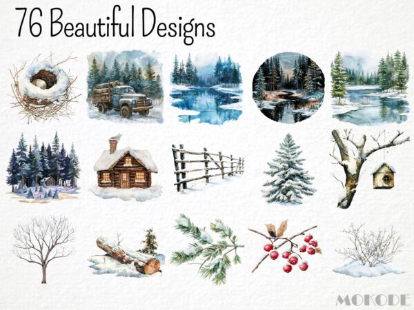 Watercolor Winter Woodland Clipart 76 Png, Snowy Forest Animals, Winter Fox, Owl, Deer, Frosty Pine Tree Cone, Commercial Use, Download - Image 3