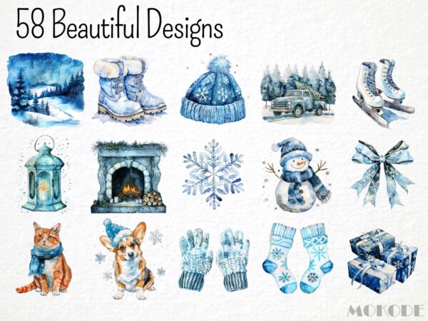 Watercolor Frosty Christmas Clipart 58 Png, Soft Cozy Winter Snow Clipart, Cold Winter Girl in Sweater Cute, Digital Prints Scrapbooking - Image 4
