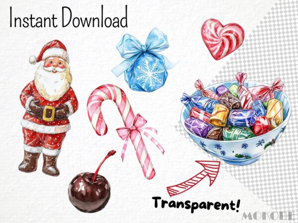 Watercolor Christmas Candy Clipart 41 Png, Festive Sweets, Chocolate Bar, Christmas Wrapped Bonbon, Sugar Cane, Digital Prints Scrapbooking - Image 4