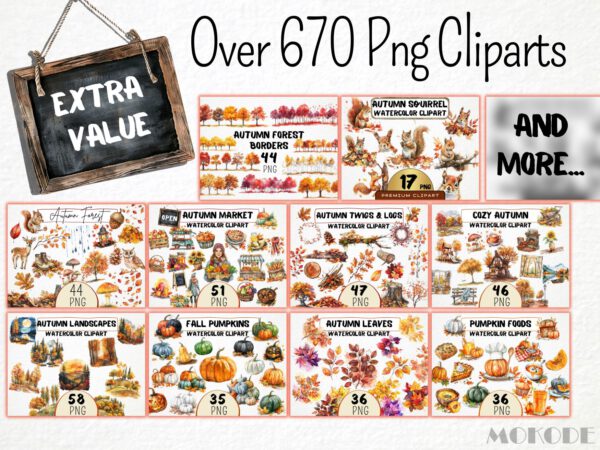 Watercolor Autumn Megabundle, Fall Season Clipart, Autumn Forest Pumpkin, Cozy Autumn, Woodland Animals, Landscapes, Digital Download - Image 6