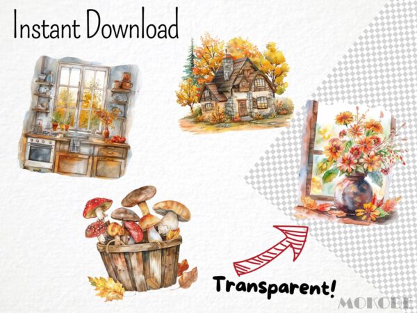 Watercolor Cozy Autumn Clipart 46 Png, Fall Home Fireplace, Autumn Coffee, Fall Window, Digital Download Commercial Use - Image 4