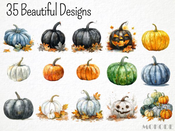 Watercolor Autumn Pumpkin Clipart 35 Png, Halloween Pumpkins Fall Theme, Fall Leaves, Black Pumpkin Art,  Digital Download Commercial Use - Image 3