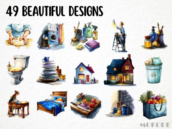 Watercolor Housekeeping Clipart 49 Png Household Chores Graphic, Laundry Basket Clipart, Hanging Clothes, Commercial Use Instant Download - Image 3