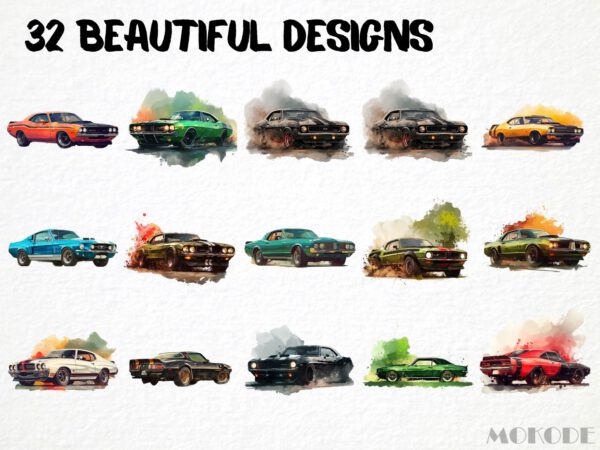 Cool Muscle Cars Watercolor Clipart 32 Png, Classic American Race Car Nursery Clipart, invitation card, Boys T shirt Graphics Commercial Use - Image 3