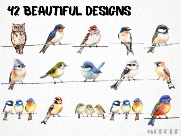 Birds on a Wire Clipart 42 Png, Watercolor Cute Bird Illustration, Songbird on Branch, Forest Birds Bluetit Collection, Digital Prints - Image 8