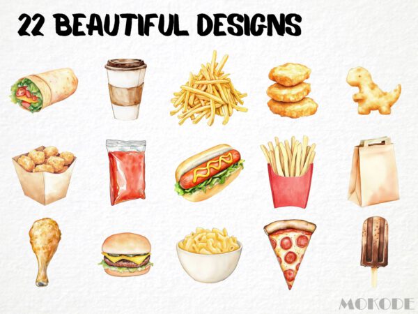 Watercolor Fast Food Clipart 22 Png, Cute Hot Dog, Kids Illustration, Junk Food, Burger and Fries Clipart Digital Prints, Commercial Use - Image 3
