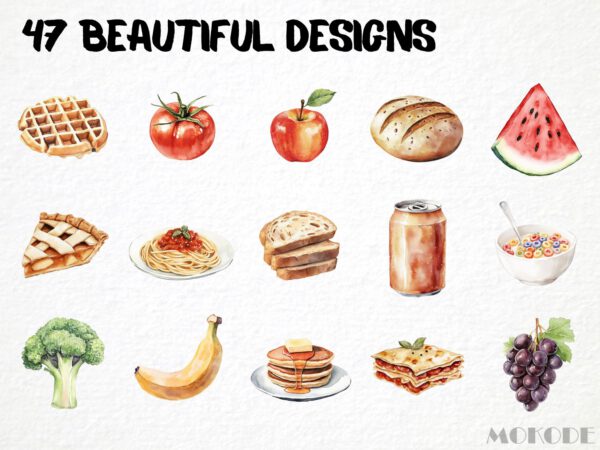 Watercolor Food Clipart 47 Png, Cute Breakfast, Kids Illustration, Junk Food, Healthy Veggies, Fruits Clipart Digital Prints, Commercial Use - Image 3