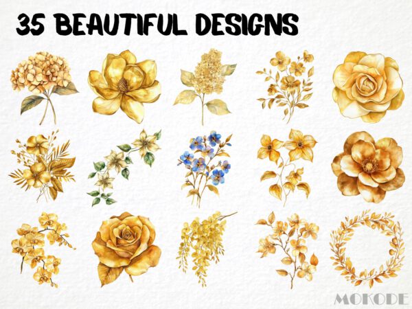 Golden Flowers Clipart, 35 Metallic Floral Graphics, Golden Roses Png, Floral Overlays Crafting Material, Scrapbooking Art Invitations - Image 3