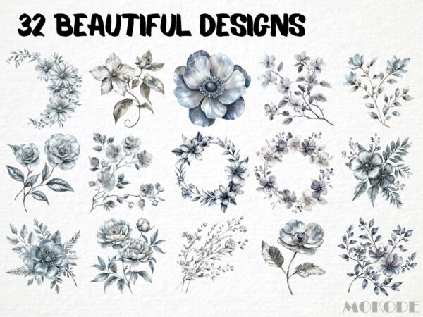Silver Flowers Clipart, 32 Metallic Floral Graphics, Silvery Roses Png, Floral Overlays Crafting Material, Scrapbooking Art Invitations - Image 3