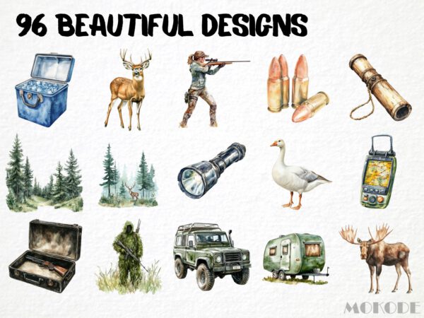 Watercolor Wildlife Hunter 96 Png Clipart Bundle, Forest Game Hunting, Deer Illustration Scrapbooking, Card Making, Woodland Commercial Use - Image 3