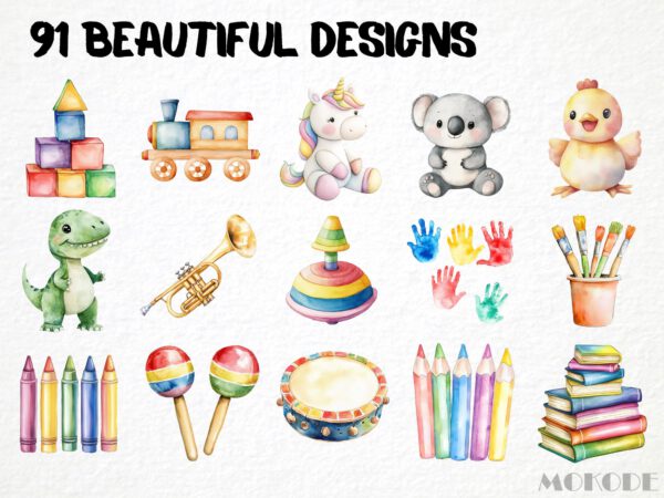 Watercolor Playroom Clipart 91 Png, Childrens Toys Cute Playtime Illustration, Kindergarden Nursery Boys and Girls Toys, Commercial Use - Image 3