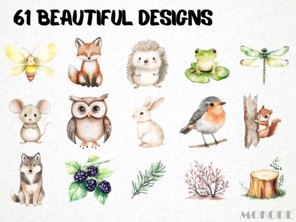 Cute Woodland Clipart 61 Png, Watercolor Forest Animals Nursery, Digital Download, Bunny, Fox, Racoon, Deer png, Commercial Use, Pine Tree - Image 3