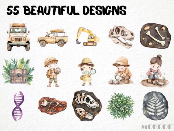 Watercolor Fossil Explorers Clipart 55 Png Cute Nursery Dino Bones Peleontology Clipart, Fossilized Stone, T-rex Dinosaur Instant Download - Image 3