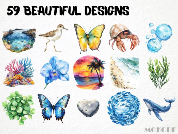 Watercolor Beach Nature Clipart 61 Png, Tropical Ocean, Summer Png, Marine Life Digital Prints, Commercial Use, Card Making Instant Download - Image 3