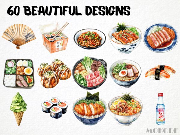 Watercolor Japanese Food Clipart 60 Png, Asian Kitchen Graphics, Sushi Japanese Food Traditional and Trend. Digital Prints, Commercial Use - Image 3