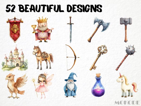 Watercolor Medieval Knight Clipart 52 Png, Middle Age Castle Clipart Fantasy King, Cute Princess Clipart Instant Download, Nursery Dragon - Image 3