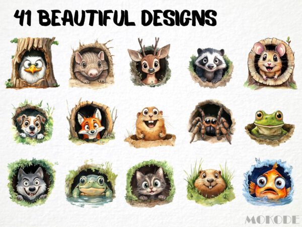 Funny Animals in Hole Clipart 41 Png, Cute Caricature Pets, Peeking Dog Watercolor, Quirky Monkey Cartoon, Digital Prints, Sticker Scrapbook - Image 3