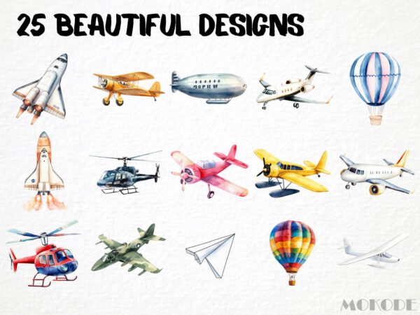 Flying Vehicles Watercolor Clipart 25 Png, Airplane Graphics, Hot Air Balloon Nursery Art, Cute Helicopter, Instant Download Digital - Image 3
