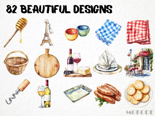 Watercolor Charcuterie Clipart 82 Png, French Cuisine Graphics, France Meat Food Picnic, Cheese, Baguette, Digital Prints, Commercial Use - Image 3