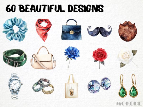 Accessories Clipart 60 Png, Luxury Items Watercolor Fashion Illustration, Girly Jewelry, Watch Clipart, Learning Material, Digital Download - Image 3