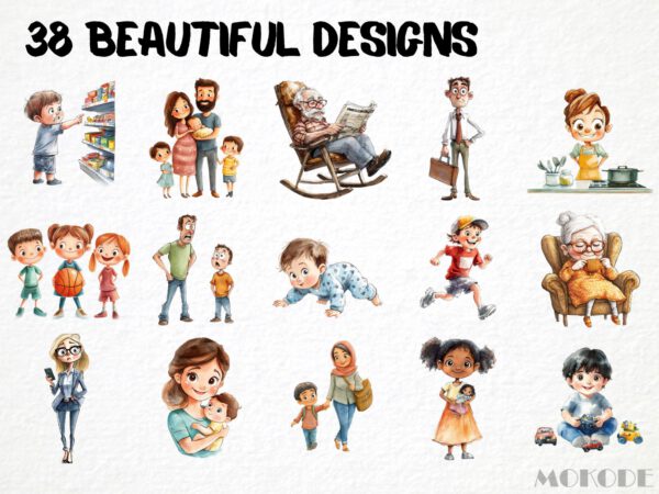Funny Family Clipart 38 Png, Watercolor Kids Graphics, Mom and Dad Illustration, Quirky Baby Gift Art, Digital Prints, Instant Download - Image 3