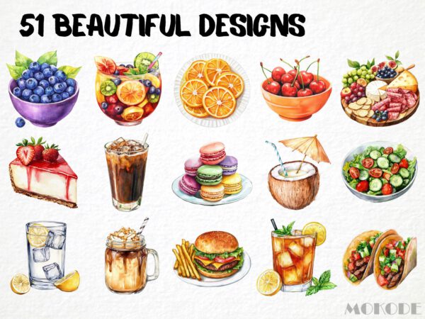 Watercolor Summer Food Clipart 51 Png, Ice Cream Illustration, Coconut Fruits Watermelon, BBQ Party Pizza Digital Prints, Commercial Use - Image 3