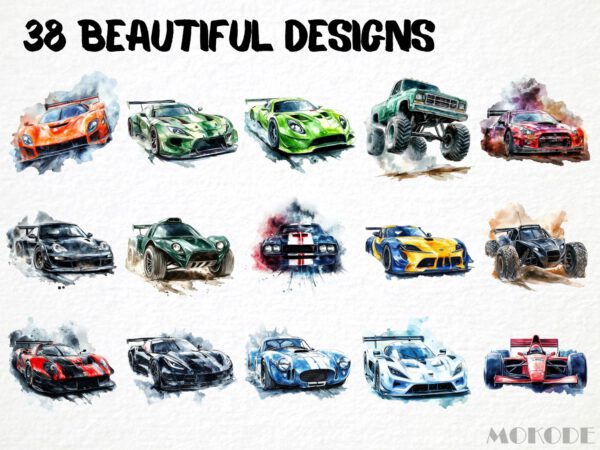 Cool Cars Watercolor Clipart 37 Png, Racecar Graphics, Supercar Racing Tshirt Design Commercial Use, Boy Gift, Instant Download Digital - Image 3