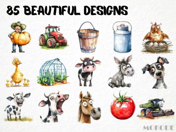 Funny Farm Clipart 85 Png, Funny Cartoon Farmer Watercolor Barn, Fresh Produce, Cartoon Animals, Digital Prints, Quirky Cow, Silly Chicken - Image 3