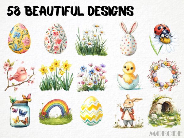 Easter Spring Clipart 58 Png, Cute Caricature Easter Egg, Quirky Rabbit Watercolor, Cartoon Bunny, Cross Digital Prints Commercial Use - Image 3