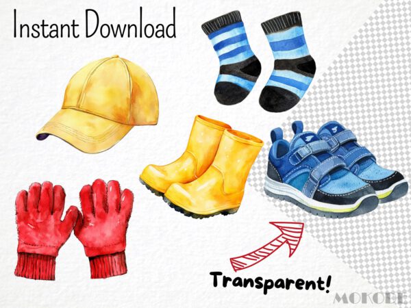 Watercolor Kids Clothing Clipart 46 Png Cute Clothes Graphic, Shirt, Shoes, Pants, Sock, Kindergarden Poster Commercial Use Instant Download - Image 4