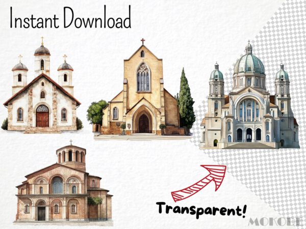 Famous Churches Clipart Png, Watercolor Church Notre Dame Cathedral, St. Peters Basilica, Catholic Church, Protestant Church Building Art - Image 4