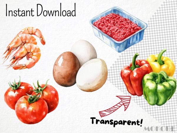 Low Carb Food Clipart Watercolor Vegetable png, Healthy Low Carbs Diet Digital Art, Nuts, Berries and Fish Meats, Commercial Use, Download - Image 4