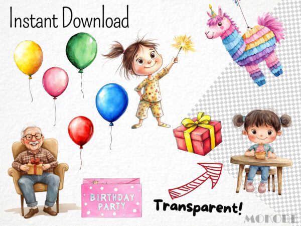 Watercolor Kids Birthday Party Clipart 62 Png, Cartoon Birthday Balloon Invitation Illustration, Gifts, Digital Prints, Instant Download - Image 5