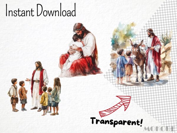 Jesus with Kids Clipart 20 Png, Watercolor New Testament Jesus Christ healing Children, Bible Stories Christian, Religious Sunday School Art - Image 4