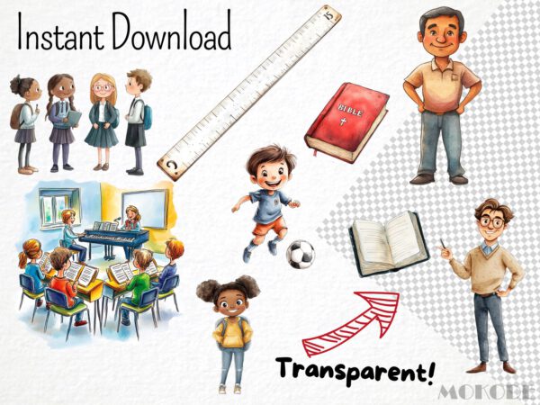 Cartoon School Watercolor Clipart 73 Png, Funny Elementary School Kids, Teacher Digital Prints, Schoolbus, Instant Download, Scrapbooking - Image 5