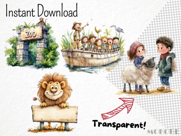 Watercolor Trip to the Zoo Clipart 50 Png, Cartoon School Kids at Zoo, Animals Illustration, Funny Lion Digital Prints, Instant Download - Image 5