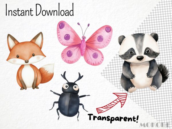 Watercolor Cute Animals Clipart 46 Png, Cute Nursery Woodland, Owl Art, Baby Fox, Aquarelle Insects, Printable Digital File, Invitation card - Image 4