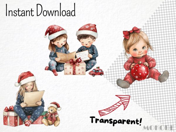 Watercolor Christmas Kids Clipart 21 Png, Christmas Eve Presents Opening, Santa Xmas Tree, Invitation Card Making, Commercial Use - Image 4