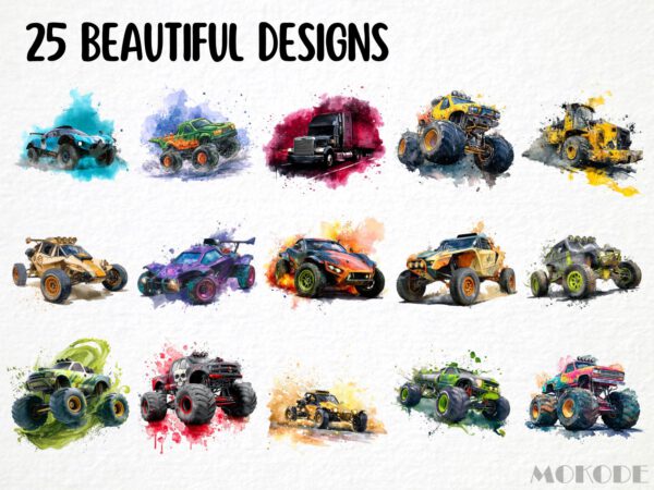 Cool Offroads Clipart 25 Png, Racing Monstertruck Color Splash Tshirt Design Clipart, POD Boys T shirt Graphics Watercolor, Commercial Use - Image 3