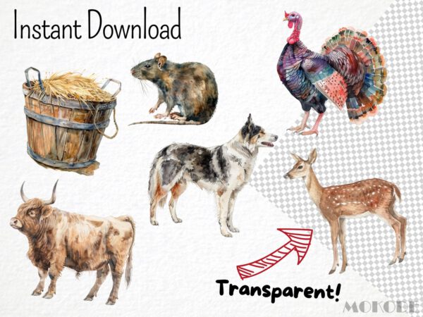 Farm Animals Clipart 40 Png, Watercolor Farm, Cute Cow Illustration, Sheep Art, Goat Clipart, Pig, Horse, Chicken Coop, Digital Download - Image 4