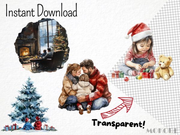Watercolor Christmas Family Clipart 39 Png, Christmas Eve Presents Opening, Santa Xmas Tree, Invitation Card Making, Commercial Use - Image 4
