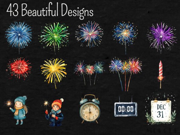 Watercolor Cute New Years' Eve 2025 Clipart 43 Celebration Png Happy New Years Fireworks, Kids Sparkler, Scrapbooking, Digital Holiday - Image 4