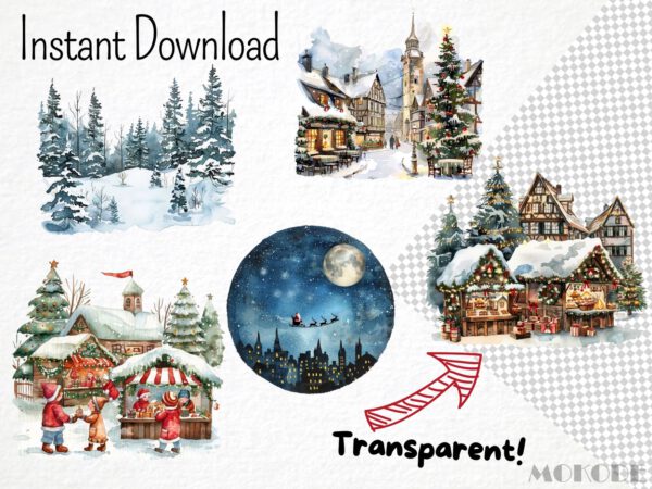 Watercolor Christmas Landscapes Clipart 30 Png, Festive Spirit, Winter Landscape, Snowy Village, Pine Tree, Commercial Use, Digital Download - Image 4