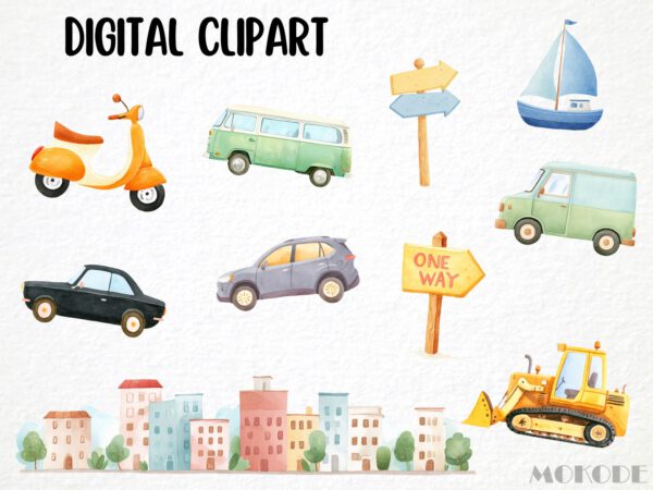 Cute Traffic Clipart 48 Png, Watercolor Cars City Illustration, Kindergarden Nursery Vehicles, Street Sign, Fire Truck Commercial Use - Image 4