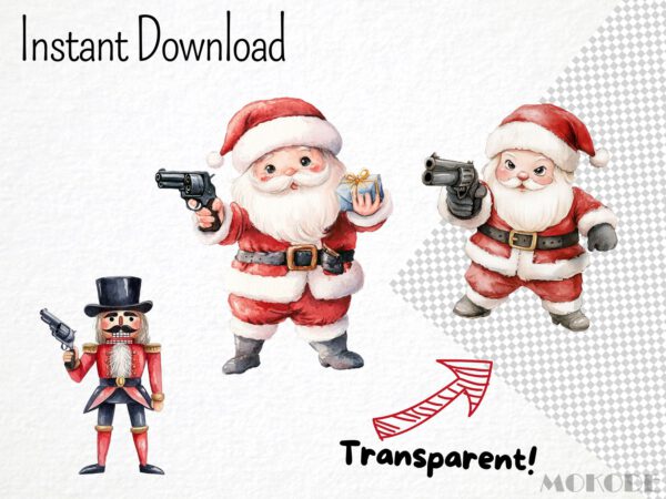 Watercolor Funny Christmas Army Clipart 21 Png, Santa Claus with Guns, Festive Military, Silly Santa with Rifle, Digital Prints Scrapbook - Image 5