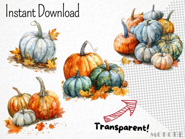 Watercolor Autumn Pumpkin Clipart 35 Png, Halloween Pumpkins Fall Theme, Fall Leaves, Black Pumpkin Art,  Digital Download Commercial Use - Image 5